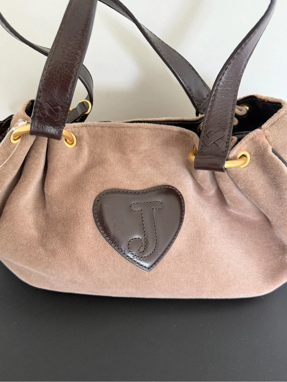 Juicy Couture Velour Satchel Shoulder Bag Doe Brown Y2K Heart Charm - Picture 6 of 16